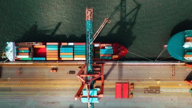 Overhead view of a cargo ship in port