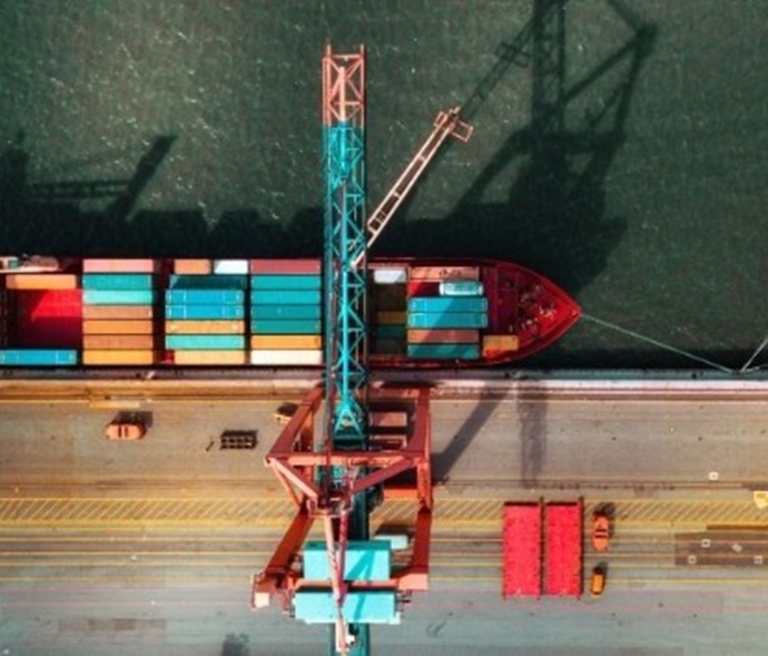 Overhead view of a cargo ship in port