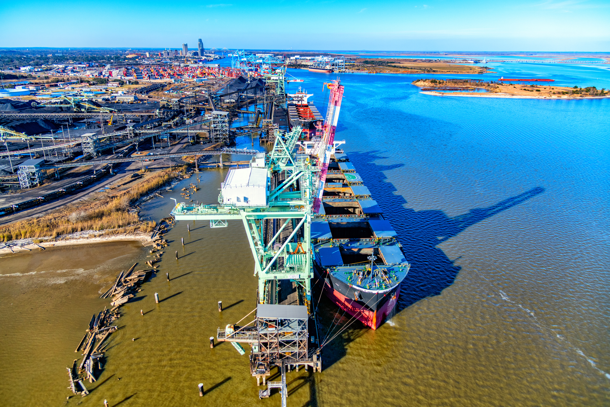 aerial view of a cargo ship in port