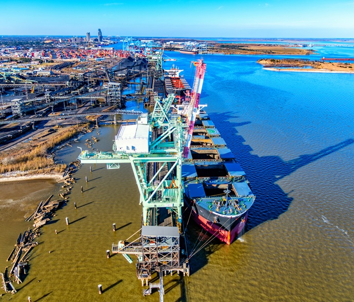 aerial view of a cargo ship in port